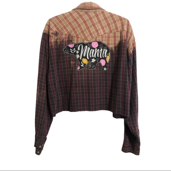 Upcycled “Mama Bear” cropped, distressed flannel. - Picture 2 of 6